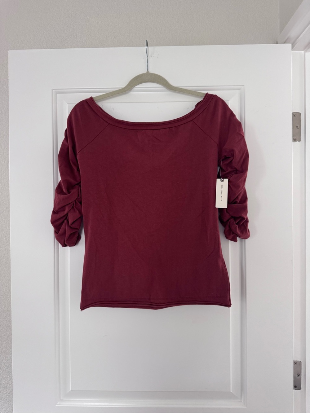 Pilcro Anthropologie Burgundy Boatneck Top with Ruched Sleeves